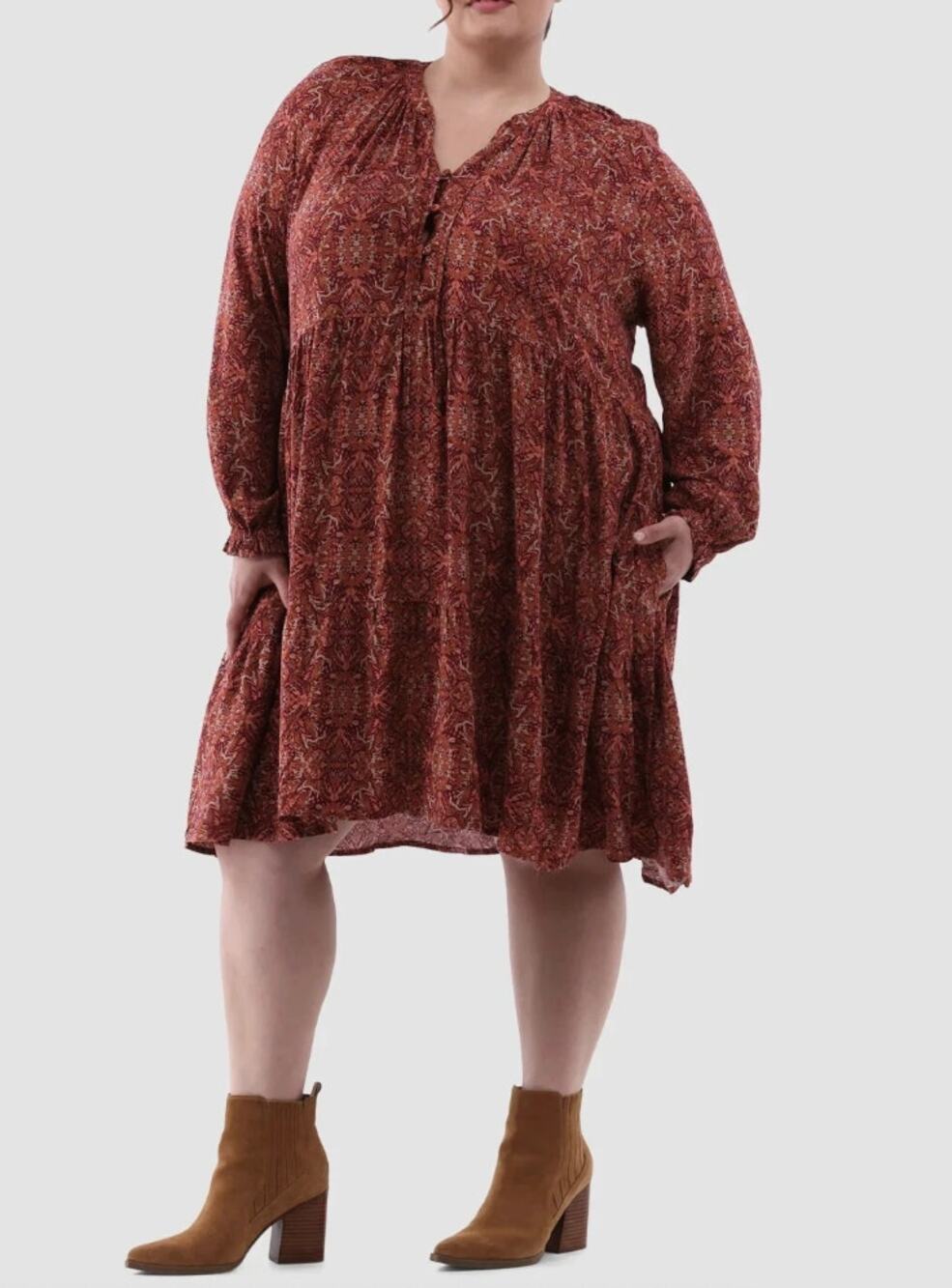 Terra & Sky Rust Floral Paisley Tiered Boho Peasant Midi Swing Dress Size 4X